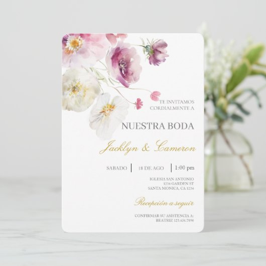 Kleurrijke bloem Spaanse bruiloft uitnodiging (Staand voorkant)