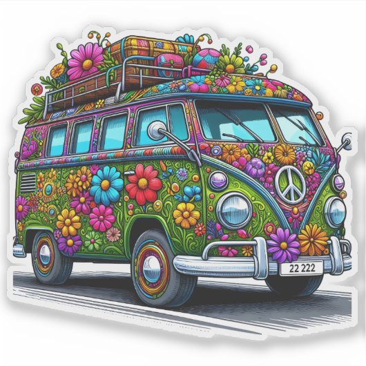 Kleurrijke bloem versierde Van geparkeerd op een z Sticker (Voorkant)