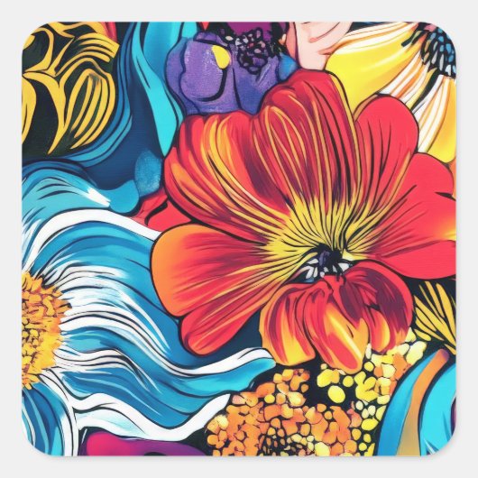 Kleurrijke Bloem Vierkante Sticker (Voorkant)