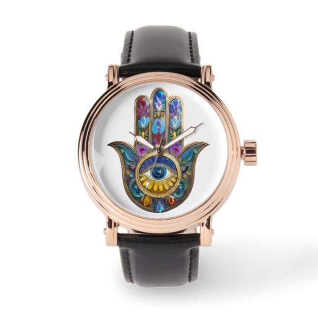 Kleurrijke Bloemblaadjes Bladeren Hamsa Saffier De Horloge (Voorkant)