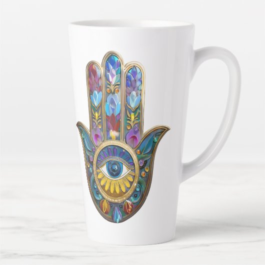 Kleurrijke Bloemblaadjes Bladeren Hamsa Saffier De Latte Mok (Rechts)