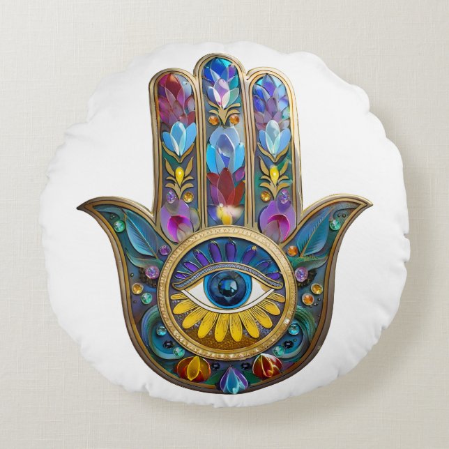 Kleurrijke Bloemblaadjes Bladeren Hamsa Saffier De Rond Kussen (Voorkant)