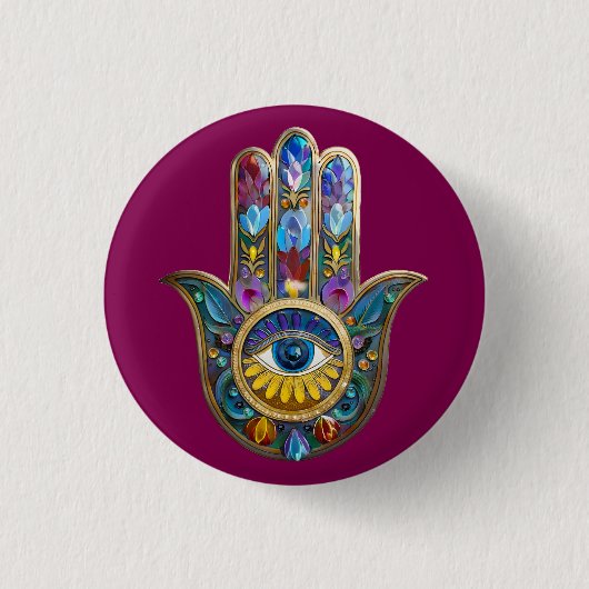 Kleurrijke Bloemblaadjes Bladeren Hamsa Saffier De Ronde Button 3,2 Cm (Voorkant)