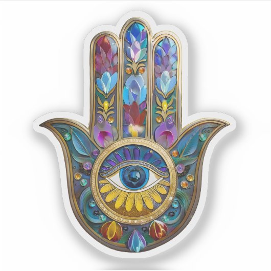 Kleurrijke Bloemblaadjes Bladeren Hamsa Saffier De Sticker (Voorkant)