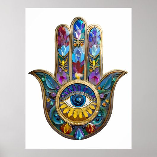 Kleurrijke Bloemblaadjes Hamsa Saffier Derde Oog Poster (Voorkant)