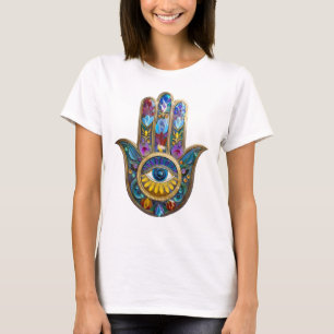 Kleurrijke Bloemblaadjes Hamsa Saffier Derde Oog T-shirt