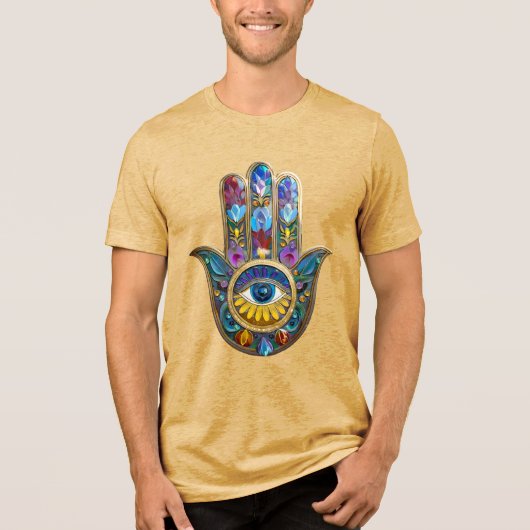 Kleurrijke Bloemblaadjes Hamsa Saffier Derde Oog Tri-Blend Shirt (Voorkant)