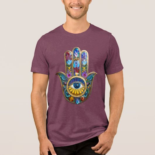 Kleurrijke Bloemblaadjes Hamsa Saffier Derde Oog Tri-Blend Shirt (Voorkant)