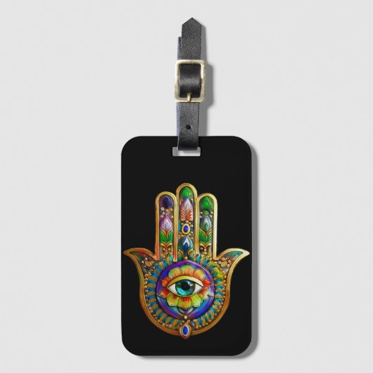 Kleurrijke bloemblaadjes turquoise derde oog hamsa bagagelabel (Voorkant (verticaal))
