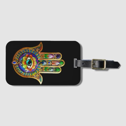 Kleurrijke bloemblaadjes turquoise derde oog hamsa bagagelabel (Voorkant (horizontaal))