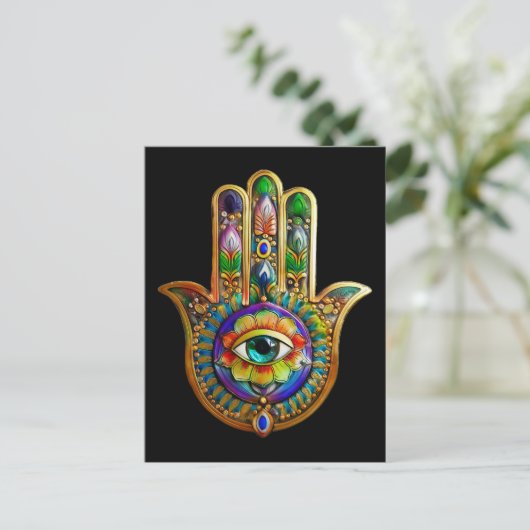 Kleurrijke bloemblaadjes turquoise derde oog hamsa briefkaart (Staand voorkant)