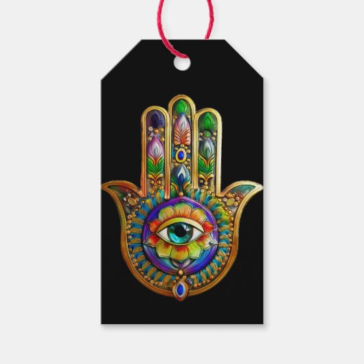 Kleurrijke bloemblaadjes turquoise derde oog hamsa cadeaulabel (Voorkant)