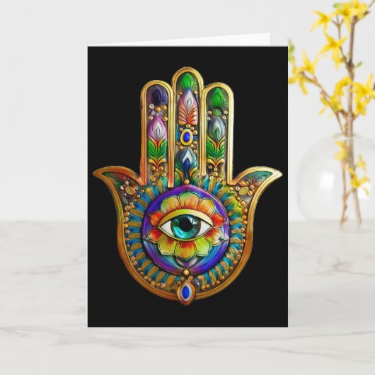 Kleurrijke bloemblaadjes turquoise derde oog hamsa kaart (Gele Bloem)