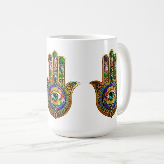 Kleurrijke bloemblaadjes turquoise derde oog hamsa koffiemok (Voorkant rechts)