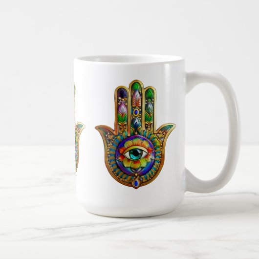 Kleurrijke bloemblaadjes turquoise derde oog hamsa koffiemok (Rechts)