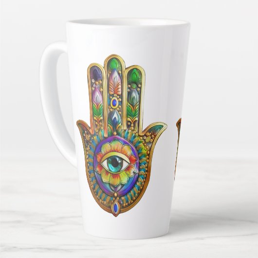 Kleurrijke bloemblaadjes turquoise derde oog hamsa latte mok (Linkerhoek)