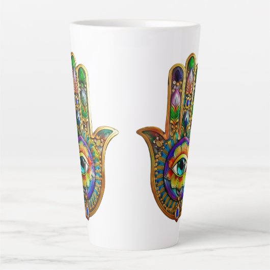 Kleurrijke bloemblaadjes turquoise derde oog hamsa latte mok (Voorkant)