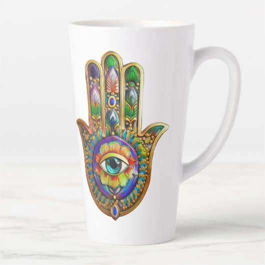 Kleurrijke bloemblaadjes turquoise derde oog hamsa latte mok (Rechts)