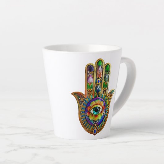 Kleurrijke bloemblaadjes turquoise derde oog hamsa latte mok (Rechterhoek)