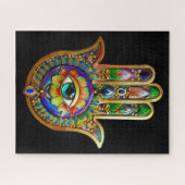 Kleurrijke bloemblaadjes turquoise derde oog hamsa legpuzzel (Horizontaal)