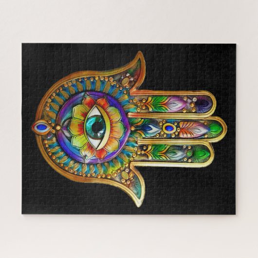 Kleurrijke bloemblaadjes turquoise derde oog hamsa legpuzzel (Horizontaal)