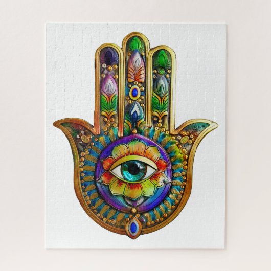 Kleurrijke Bloemblaadjes Turquoise Derde Oog Hamsa Legpuzzel (Verticaal)