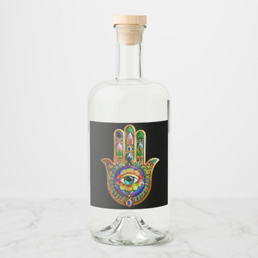 Kleurrijke Bloemblaadjes Turquoise Derde Oog Hamsa Likeurfles Etiket (Voorkant)