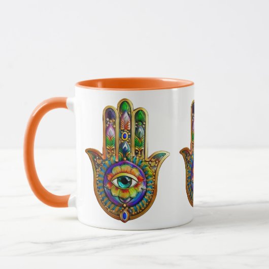 Kleurrijke bloemblaadjes turquoise derde oog hamsa mok (Links)