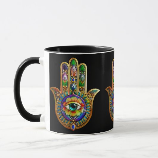 Kleurrijke bloemblaadjes turquoise derde oog hamsa mok (Links)