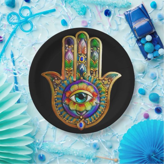 Kleurrijke bloemblaadjes turquoise derde oog hamsa papieren bordje (Feest)