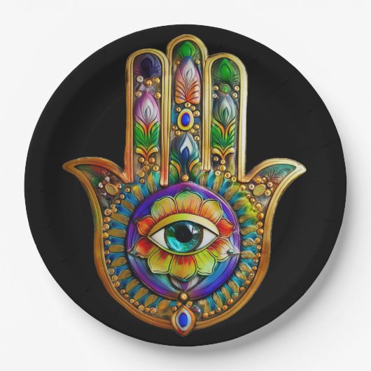 Kleurrijke bloemblaadjes turquoise derde oog hamsa papieren bordje (Voorkant)