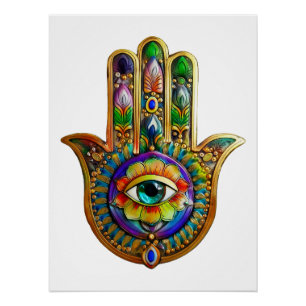 Kleurrijke bloemblaadjes turquoise derde oog hamsa perfect poster