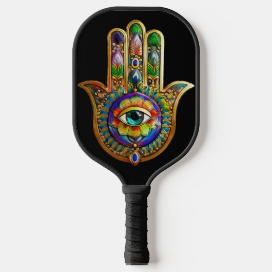 Kleurrijke bloemblaadjes turquoise derde oog hamsa pickleball paddle (Voorkant)