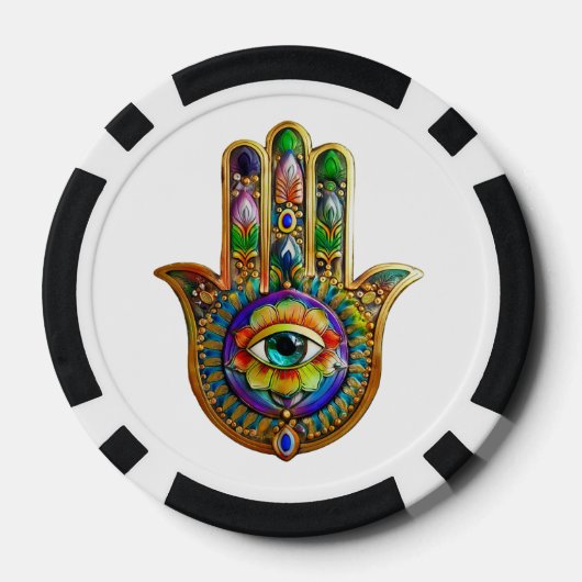 Kleurrijke bloemblaadjes turquoise derde oog hamsa poker chips (Achterkant)
