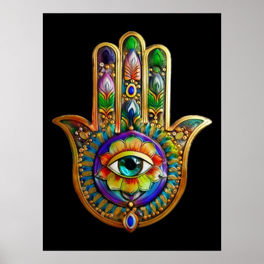 Kleurrijke bloemblaadjes turquoise derde oog hamsa poster (Voorkant)