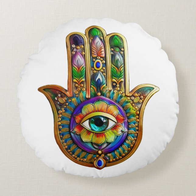 Kleurrijke bloemblaadjes turquoise derde oog hamsa rond kussen (Voorkant)