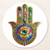 Kleurrijke bloemblaadjes turquoise derde oog hamsa ronde kartonnen onderzetter (Voorkant)