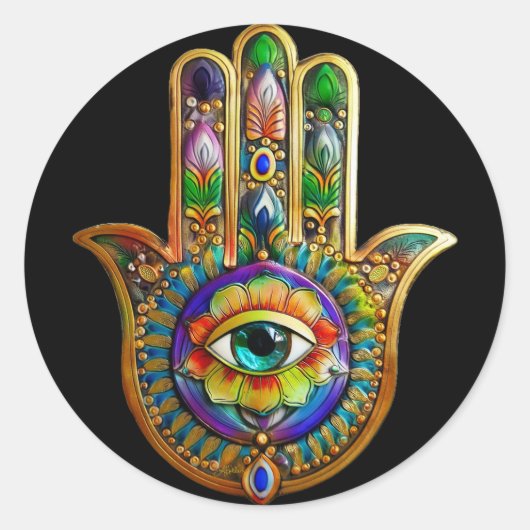 Kleurrijke bloemblaadjes turquoise derde oog hamsa ronde sticker (Voorkant)