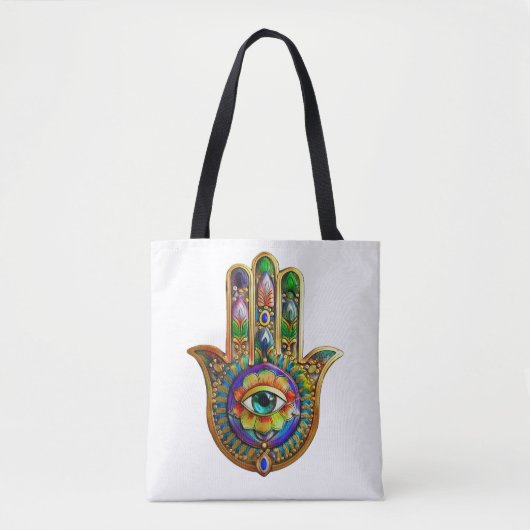 Kleurrijke bloemblaadjes turquoise derde oog hamsa tote bag (Voorkant)