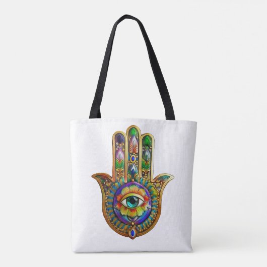 Kleurrijke bloemblaadjes turquoise derde oog hamsa tote bag (Achterkant)