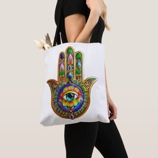 Kleurrijke bloemblaadjes turquoise derde oog hamsa tote bag (Dichtbij)