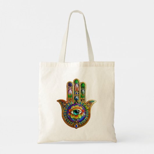 Kleurrijke bloemblaadjes turquoise derde oog hamsa tote bag (Achterkant)