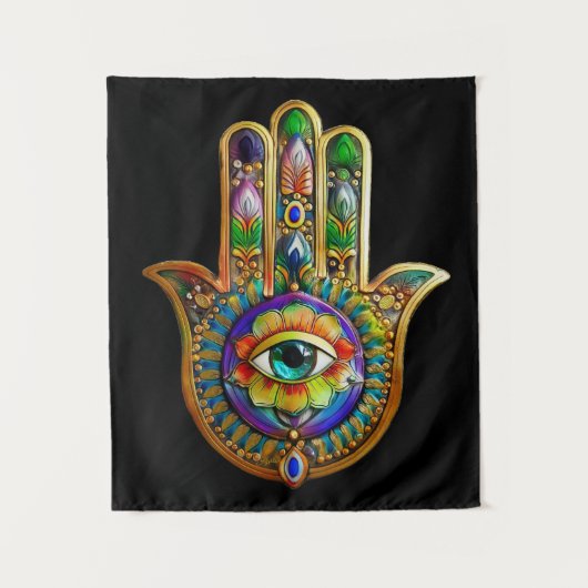 Kleurrijke bloemblaadjes turquoise derde oog hamsa wandkleed (Voorkant)