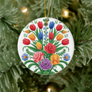 kleurrijke bloemboeket - naamdagkaart keramisch ornament