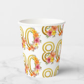 Kleurrijke Bloemen 80ste Verjaardag Goud Nummer 80 Papieren Bekers (Voorkant)