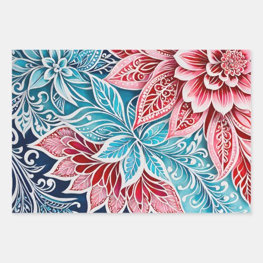 Kleurrijke Bloemen Batik Art Wrapping Paper Sheets (Voorkant 3)