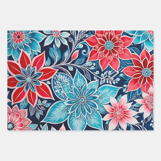 Kleurrijke Bloemen Batik Art Wrapping Paper Sheets (Voorkant)
