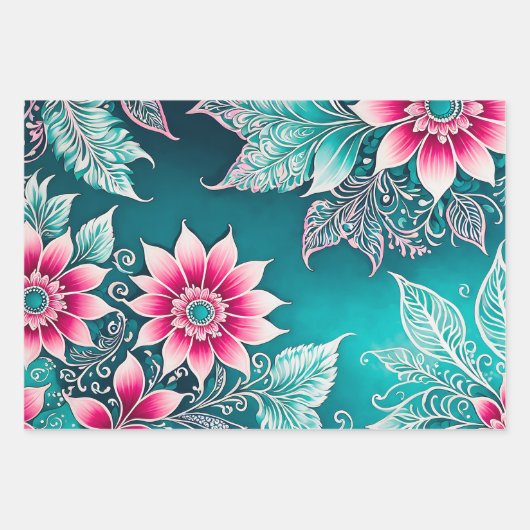 Kleurrijke Bloemen Batik Art Wrapping Paper Sheets (Voorkant 3)
