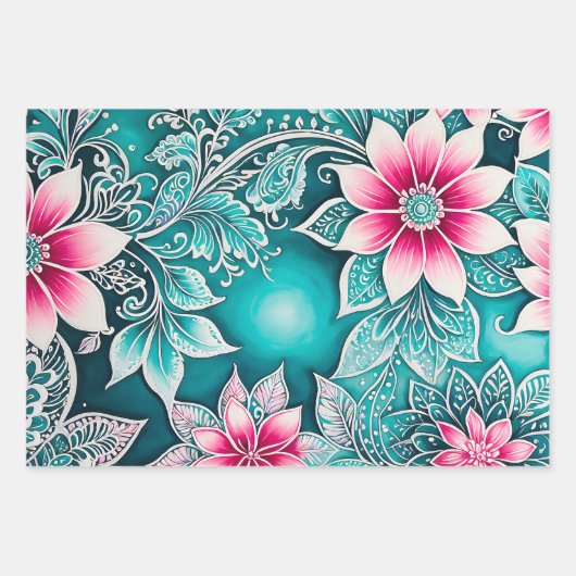 Kleurrijke Bloemen Batik Art Wrapping Paper Sheets (Voorkant 2)
