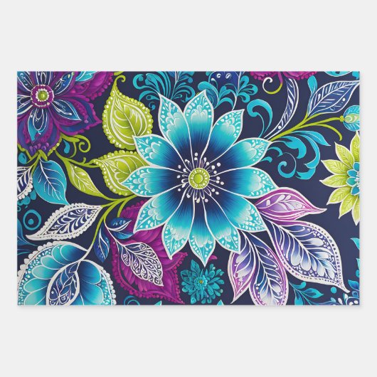 Kleurrijke Bloemen Batik Art Wrapping Paper Sheets (Voorkant 3)